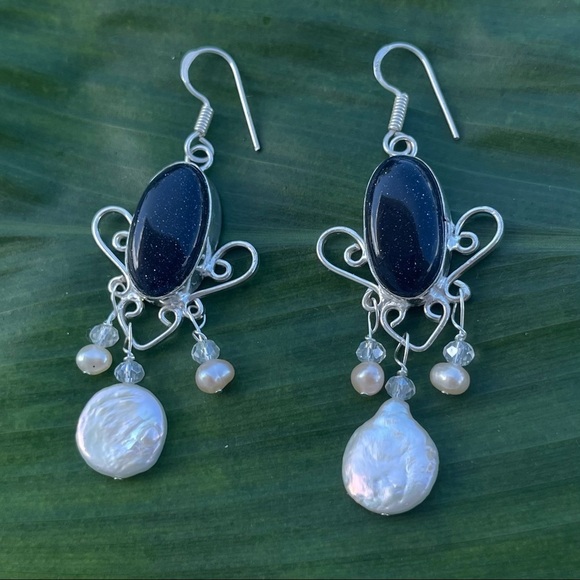 Sterling Silver 925 Blue Goldstone Dangle Earrings - Picture 8 of 9